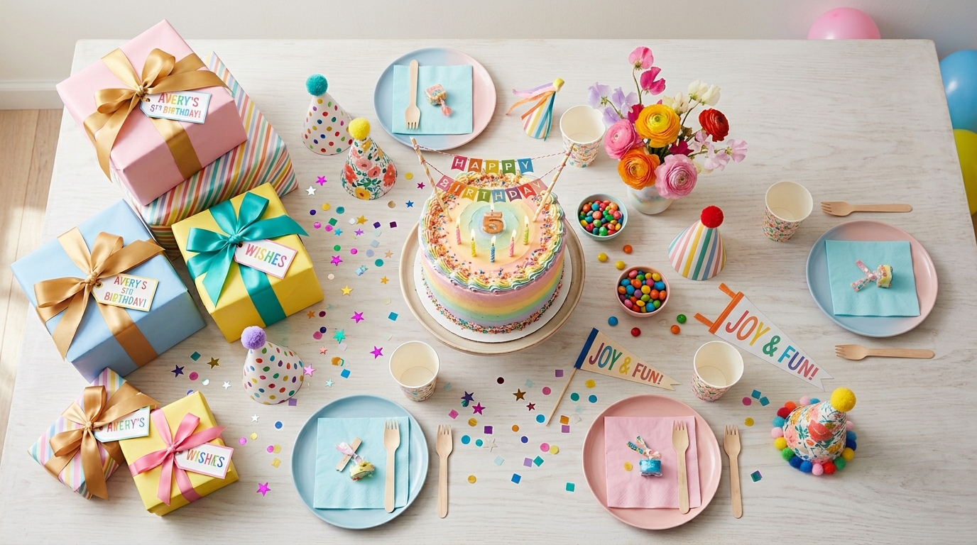 Colorful kids birthday party table with confetti, balloons, birthday cake with candles, and gift boxes