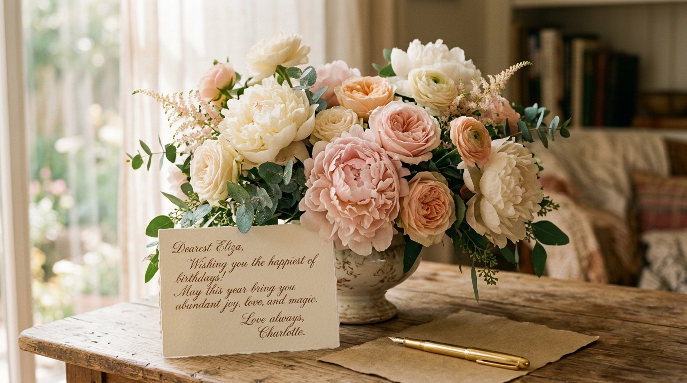 Birthday flowers and handwritten card for Mom — warm editorial photo of peonies, roses, and a handwritten birthday message